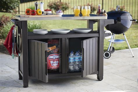 portable outdoor table with storage cabinet and stainless steel top|Keter Unity XL BBQ & Storage Table with Stainless .